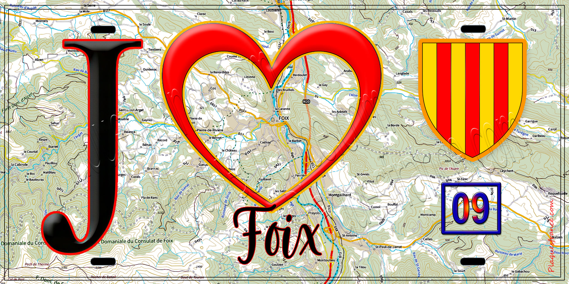 Plaque métal décorative, J' ❤️Foix, Ariège (09) fond carte