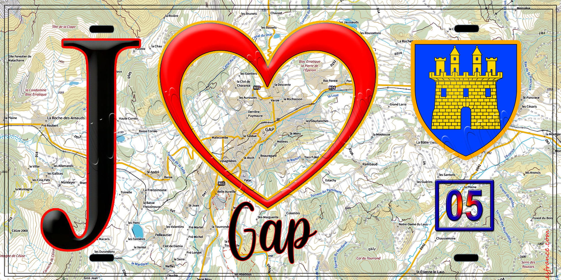 Plaque métal décorative, J' ❤️Gap, Hautes Alpes  05 fond carte
