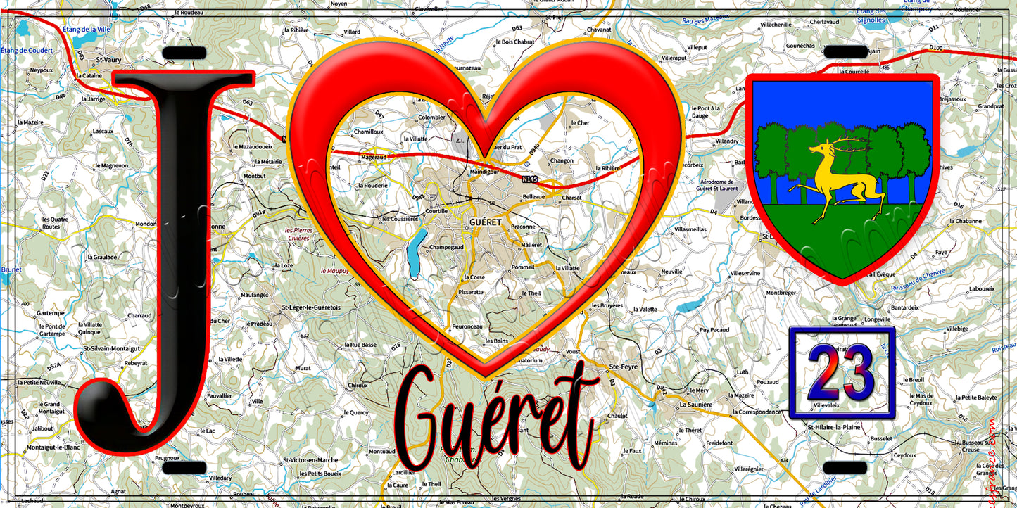Plaque métal décorative, J' ❤️Gueret, Creuse 23