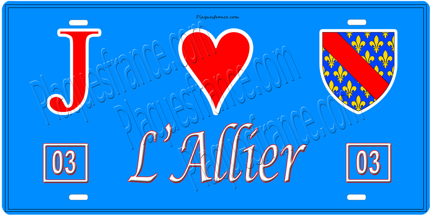 Plaque métal décorative, J' ❤️L'Allier (03), région Auvergne Rhône Alpes, France