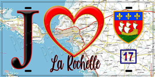 Plaque métal décorative, J' ❤️La Rochelle, Charente Maritime (17) fond carte