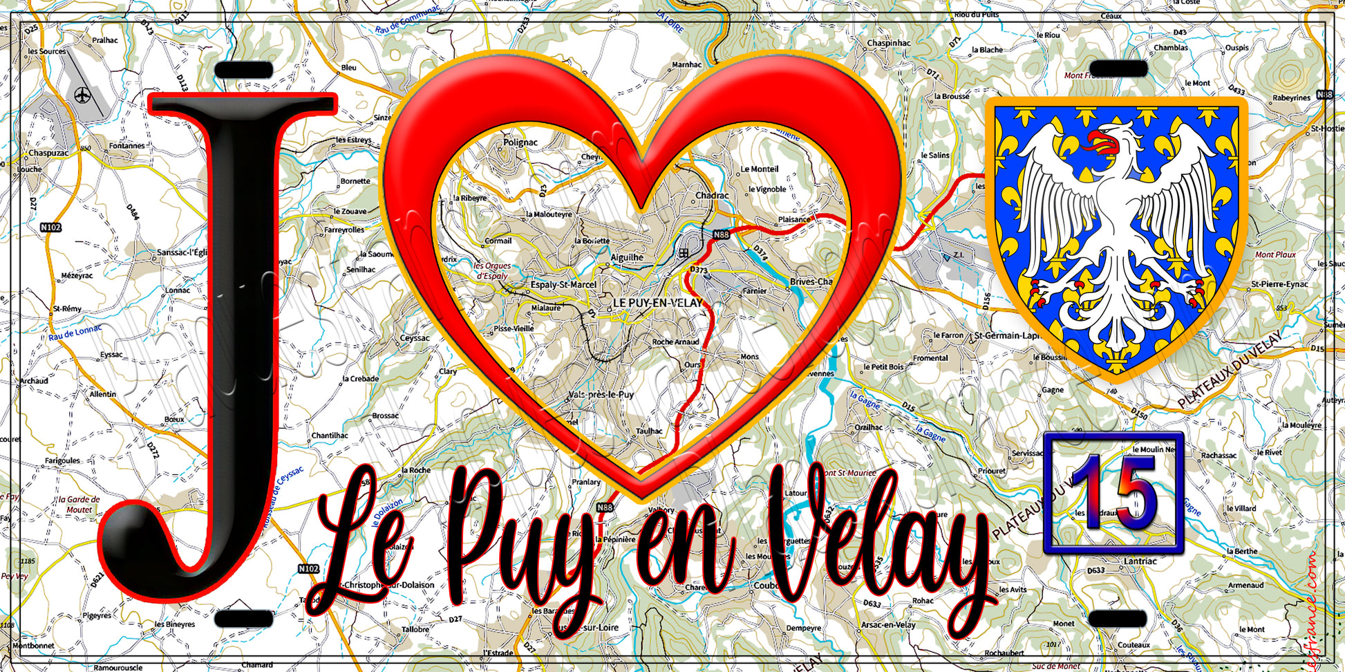 Plaque métal décorative, J' ❤️Le Puy en Velay, Haute Loire (43) fond carte