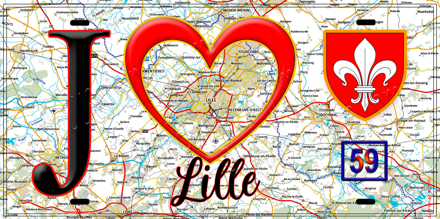 Plaque métal décorative  J' ❤️ Lille, Nord (59) fond carte
