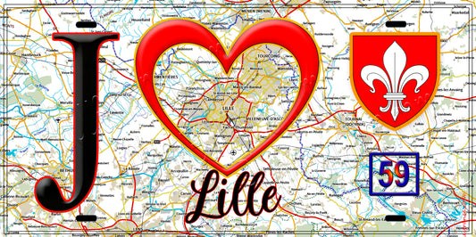 Plaque métal décorative  J' ❤️ Lille, Nord (59) fond carte