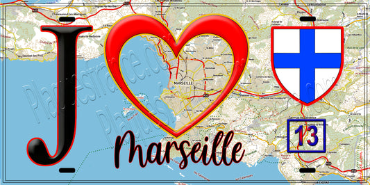 Plaque métal décorative, J' ❤️Marseille, Bouches du Rhône (13) fond carte