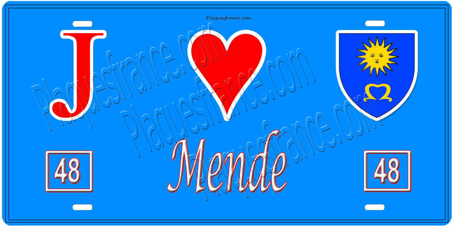 Plaque métal décorative, J' ❤️Mende, Lozère (48)