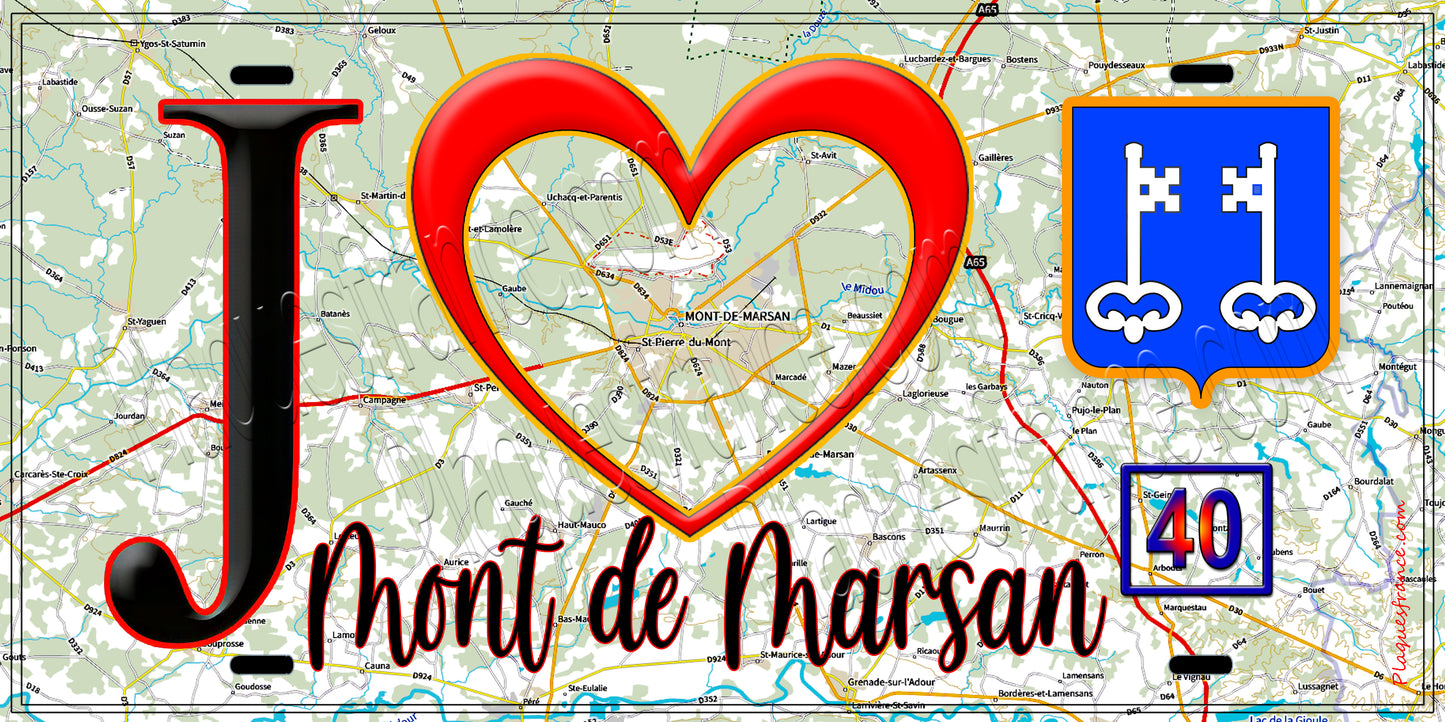 Plaque métal décorative, J' ❤️Mont de Marsan, Landes (40) fod carte