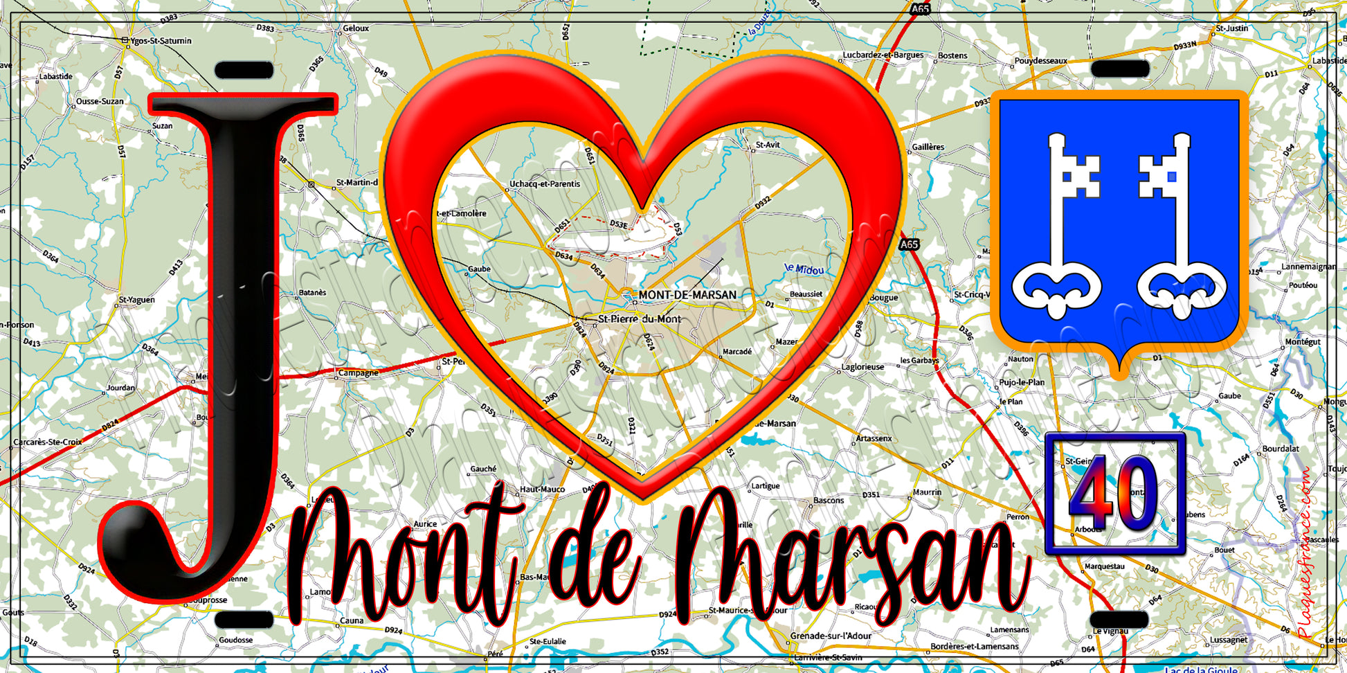 Plaque métal décorative, J' ❤️Mont de Marsan, Landes (40) fod carte