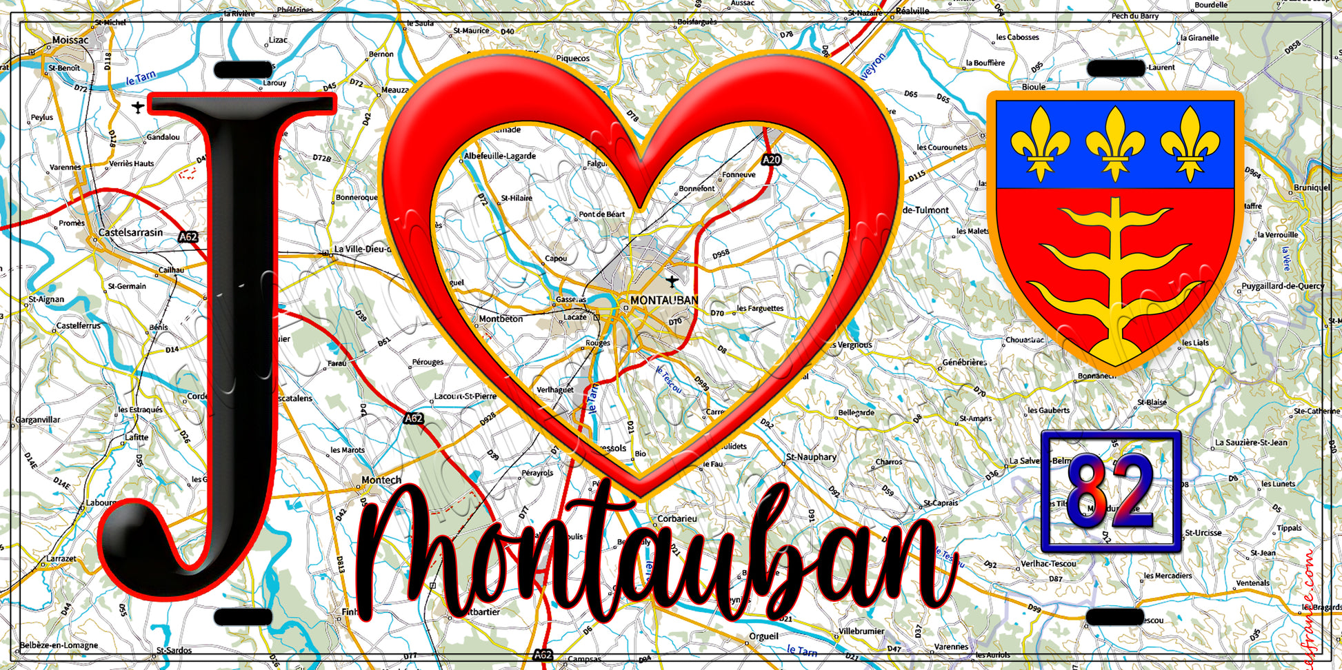 Plaque métal décorative, J' ❤️Montauban, Tarn et Garonne 82 fond carte