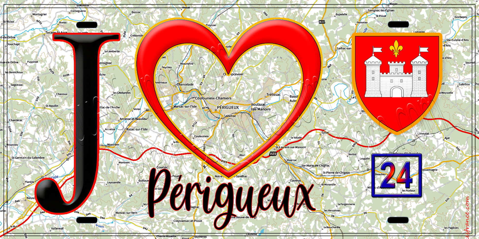 Plaque métal décorative, J' ❤️Périgueux, Dordogne 24 fond carte