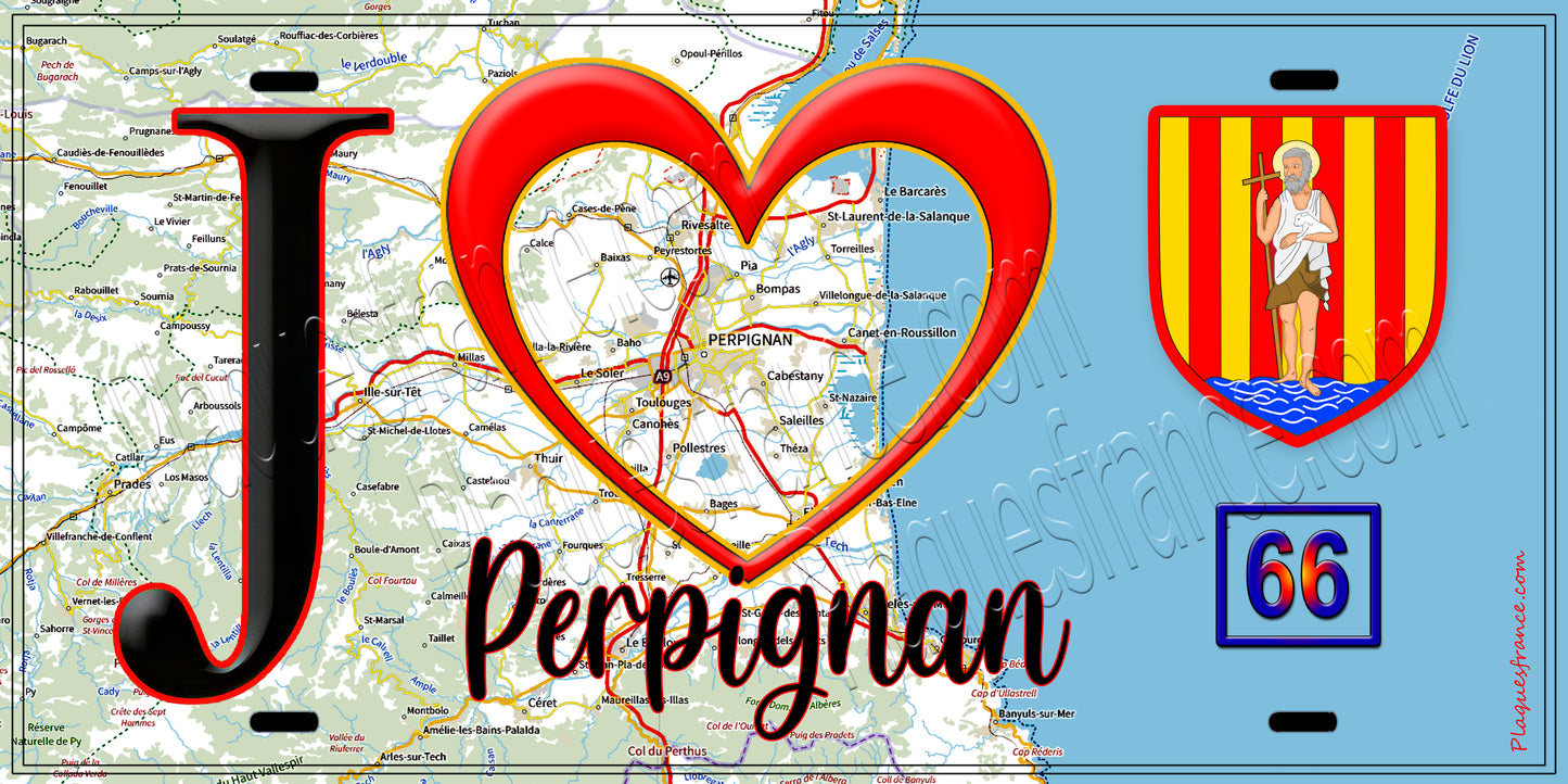 Plaque métal décorative, J' ❤️Perpignan, Pyrénées Orientales (66) fond carte