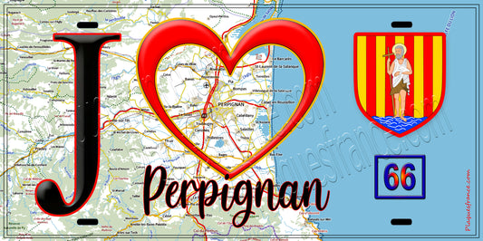 Plaque métal décorative, J' ❤️Perpignan, Pyrénées Orientales (66) fond carte