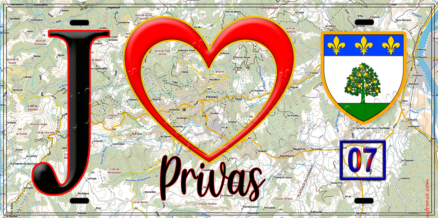 Plaque métal décorative, J' ❤️Privas, Ardèche (07) fond carte