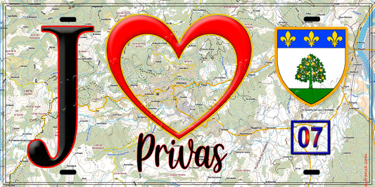 Plaque métal décorative, J' ❤️Privas, Ardèche (07) fond carte