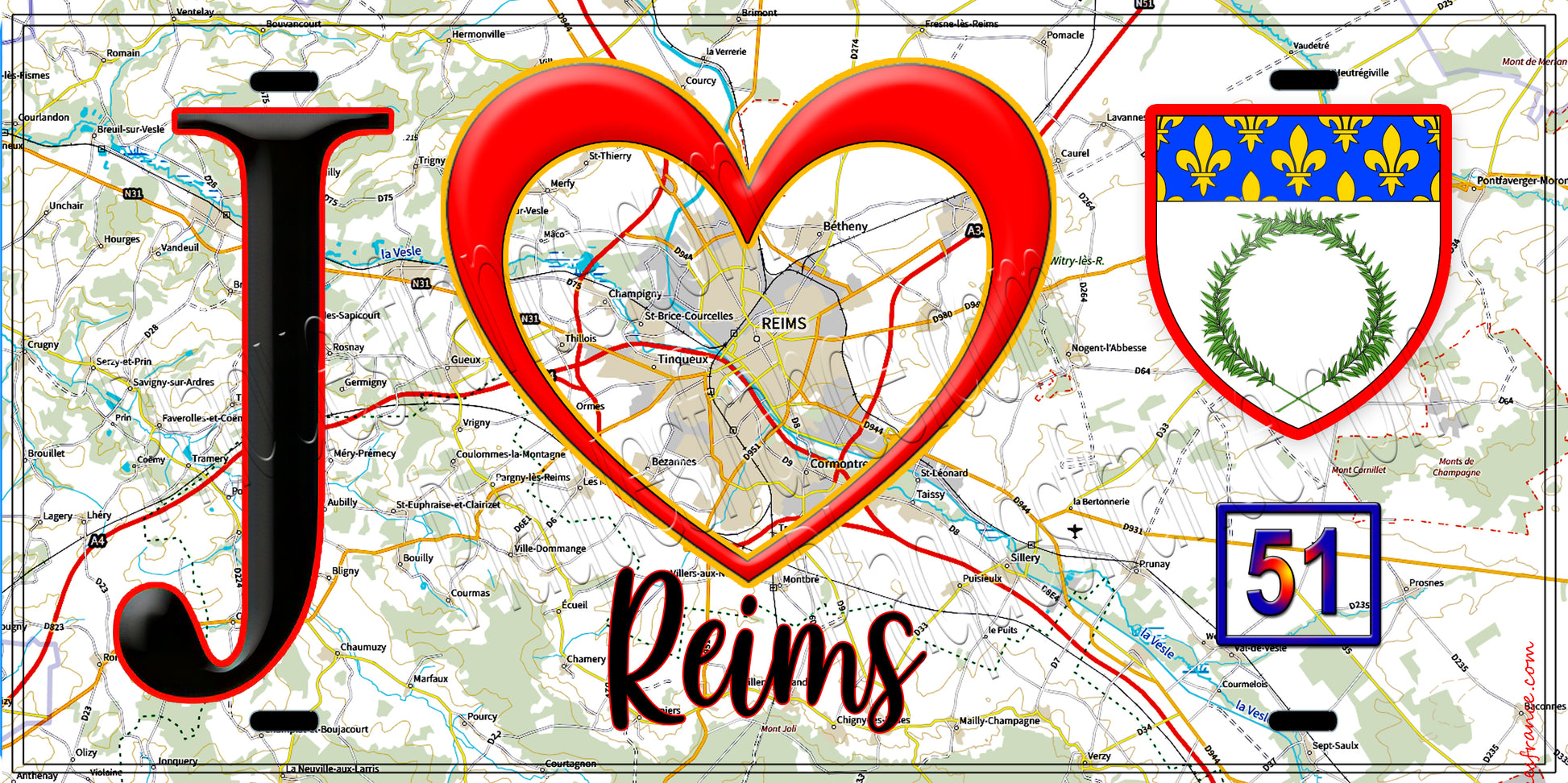 Plaque métal décorative, J' ❤️Reims, Marne (51) fond carte