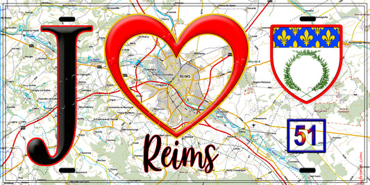 Plaque métal décorative, J' ❤️Reims, Marne (51) fond carte