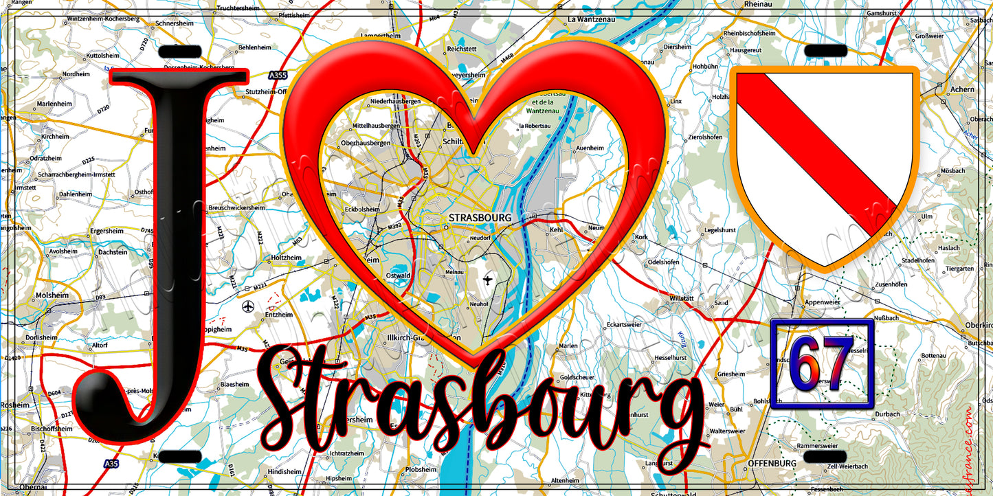Plaque métal décorative, J' ❤️Strasbourg, Bas Rhin (67) fond carte