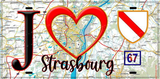 Plaque métal décorative, J' ❤️Strasbourg, Bas Rhin (67) fond carte
