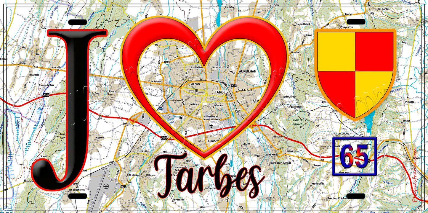 Plaque métal décorative, J' ❤️Tarbes, Hautes Pyrénées (85)