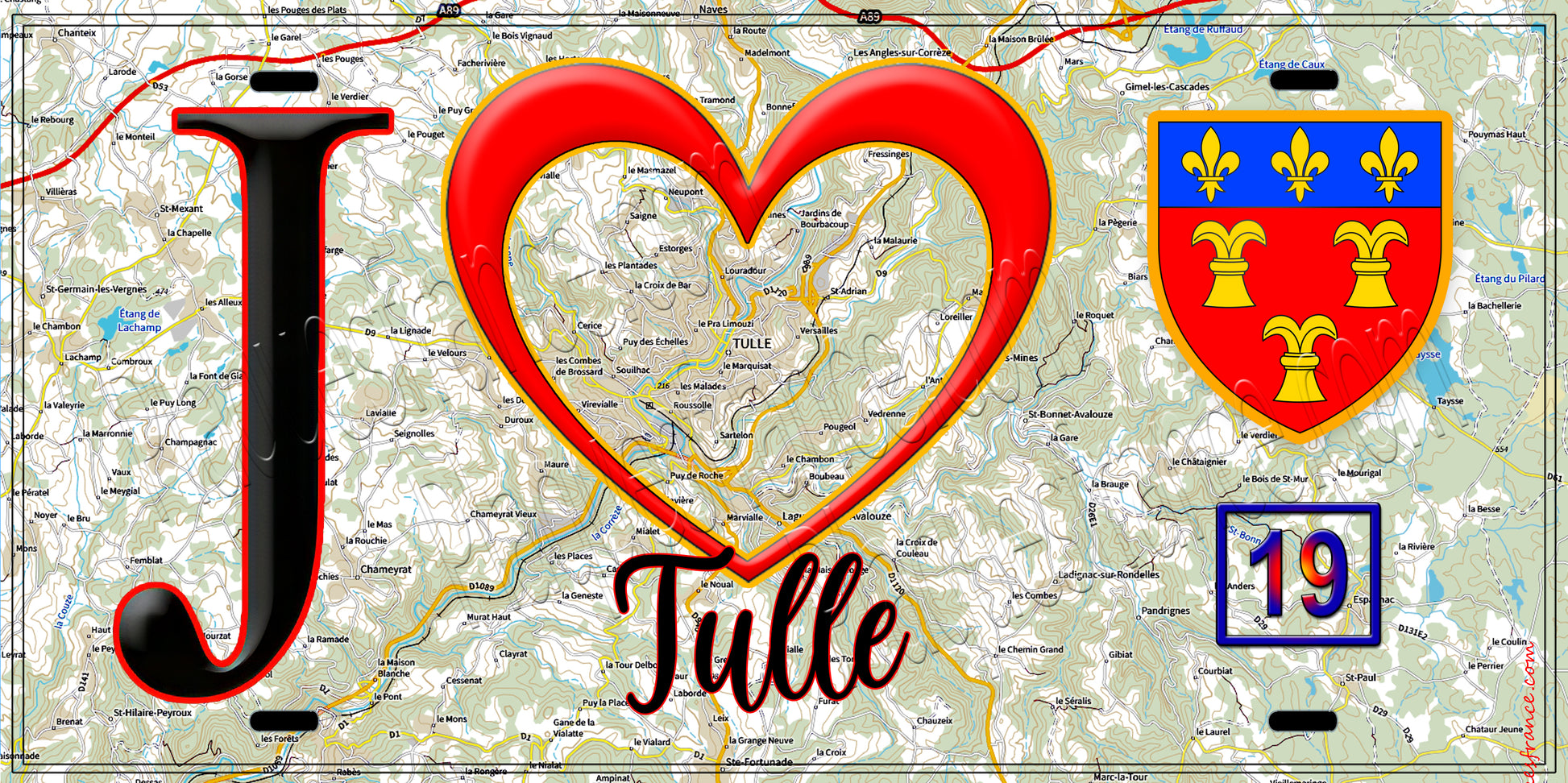 Plaque métal décorative, J' ❤️Tulle, Corrèze (19) fond carte