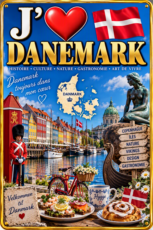 Plaque métal décorative 20 x 30 cm , J' ❤️ le Danemark, Union Européenne