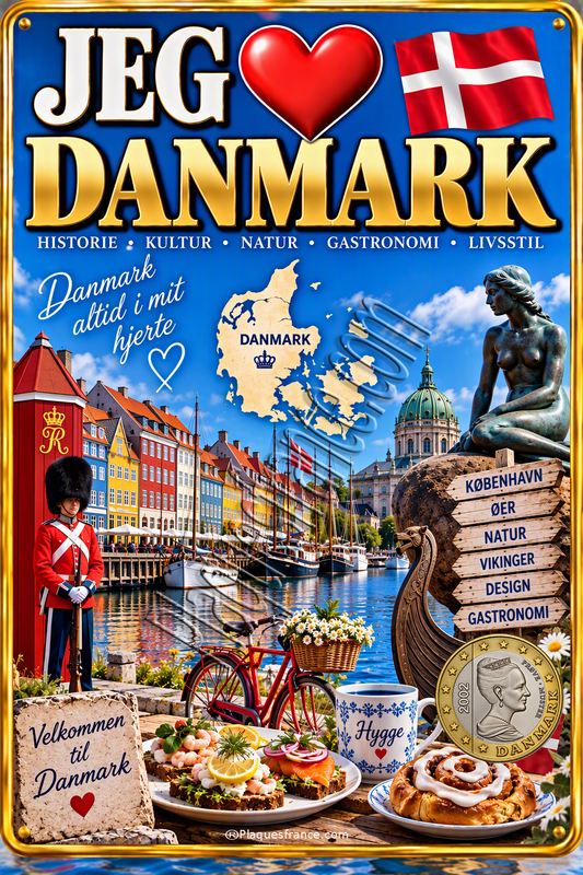 Jeg elsker Danmark dekorativ metalplade med dansk flag, Danmarkskort, København, Den Lille Havfrue og dansk kultur