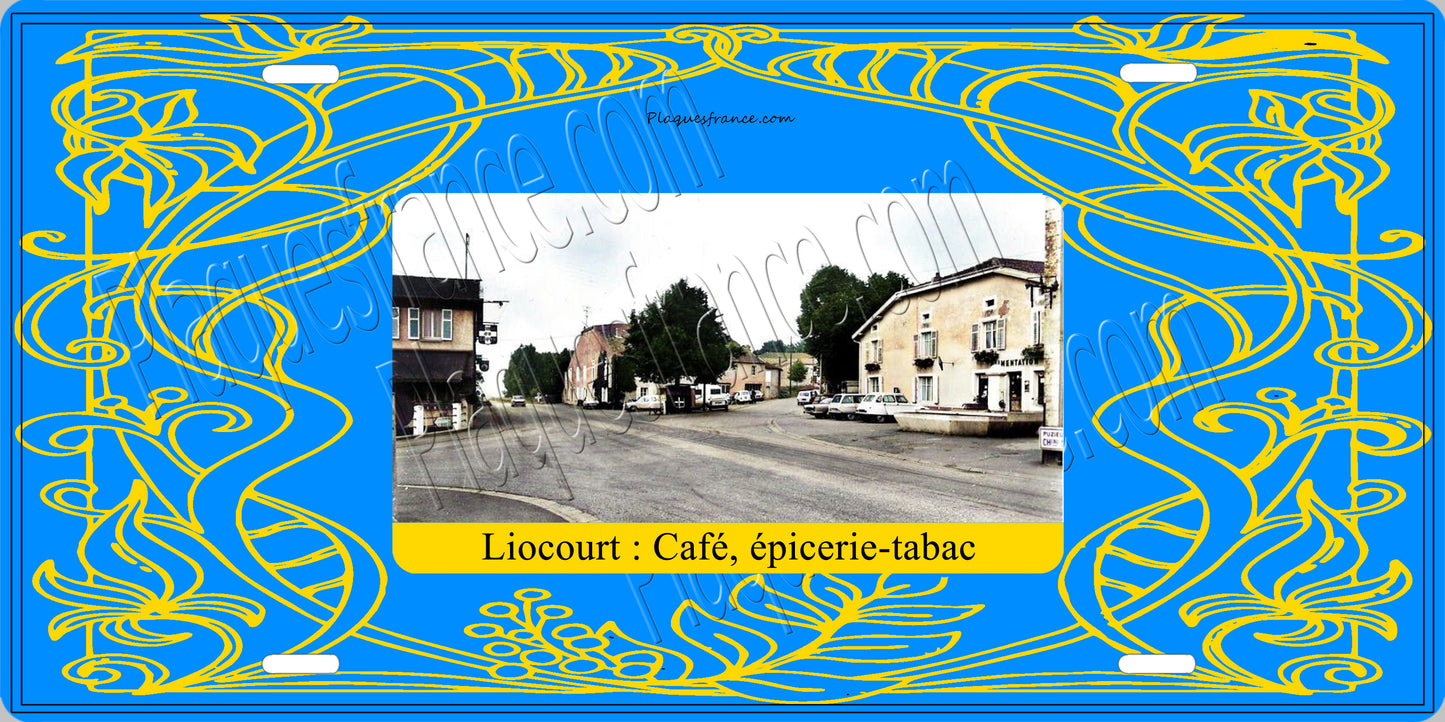 Plaque métal décorative 15 x 30 cm carte postale ancienne : Le café, l'épicerie-tabac à Liocourt canton du Saulnois Moselle 57
