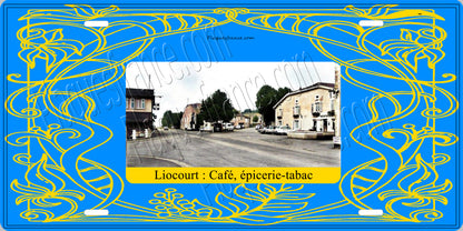 Plaque métal décorative 15 x 30 cm carte postale ancienne : Le café, l'épicerie-tabac à Liocourt canton du Saulnois Moselle 57