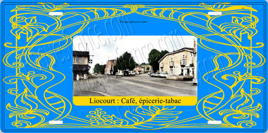 Plaque métal décorative 15 x 30 cm carte postale ancienne : Le café, l'épicerie-tabac à Liocourt canton du Saulnois Moselle 57