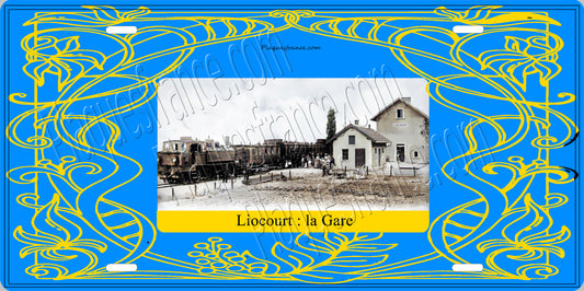 Plaque métal décorative 15 x 30 cm carte postale ancienne : la Gare de Liocourt, canton du Saulnois Moselle 57
