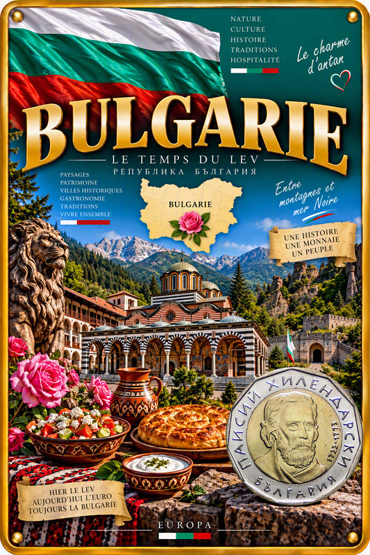 Plaque métal décorative Bulgarie 20 x 30 cm, le temps du lev, patrimoine, traditions et ancienne monnaie bulgare
