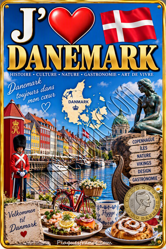 Plaque métal décorative J’aime le Danemark avec Copenhague, drapeau danois, carte du Danemark, Petite Sirène et symboles de la culture danoise
