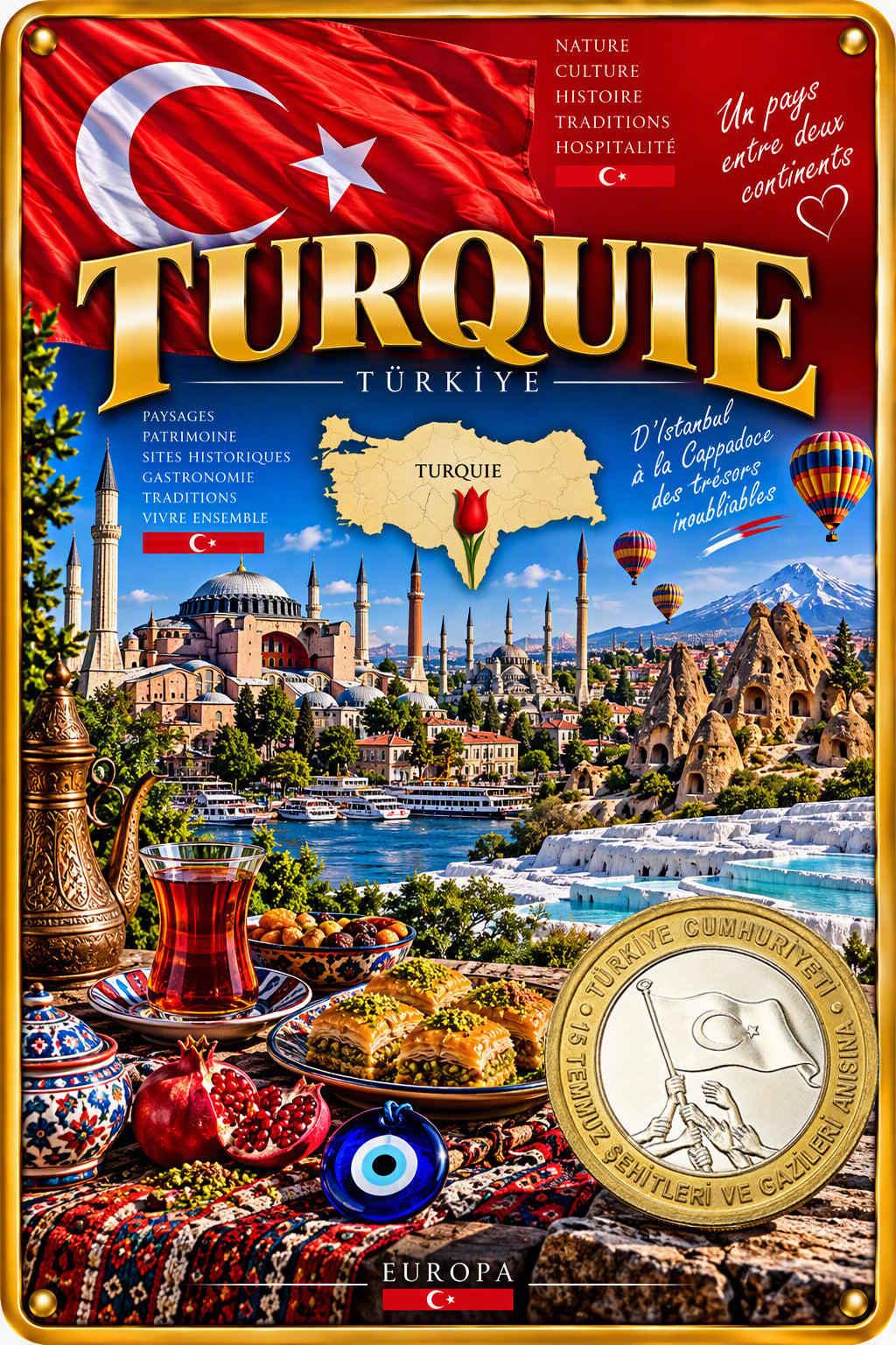 Plaque métal décorative Turquie 20 x 30 cm, drapeau, Cappadoce, patrimoine, paysages, gastronomie et traditions turques