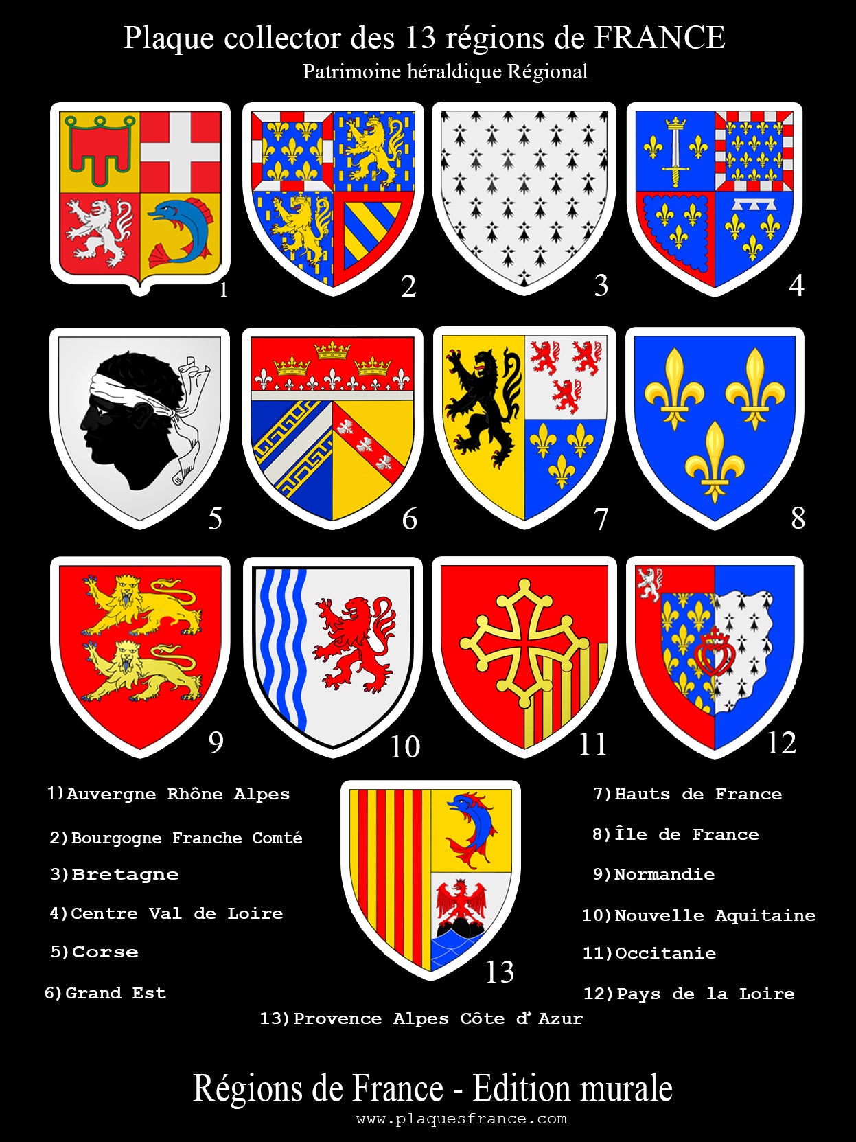 Plaque métal décorative Collector Les 13 régions de France (Copie aboncourt sur seille)