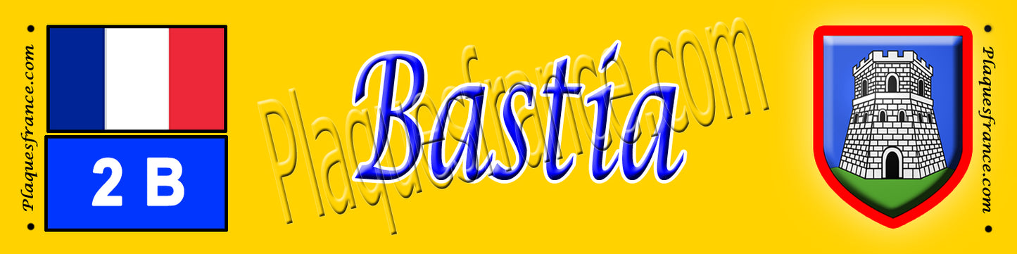 Plaque métal décorative 10 X 40 cm fond jaune avec blason Bastia  Canton de Bastia Haute-Corse