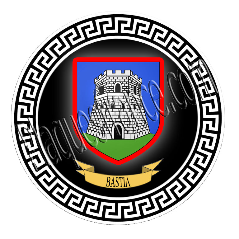 Plaque métal décorative ronde  Ø 30  cm fond noir avec blason Bastia  Canton de Bastia Haute-Corse